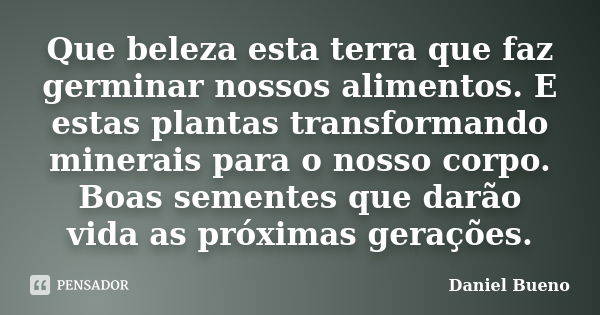 Que beleza esta terra que faz germinar nossos alimentos. E estas plantas transformando minerais para o nosso corpo. Boas sementes que darão vida as próximas ger... Frase de Daniel Bueno.