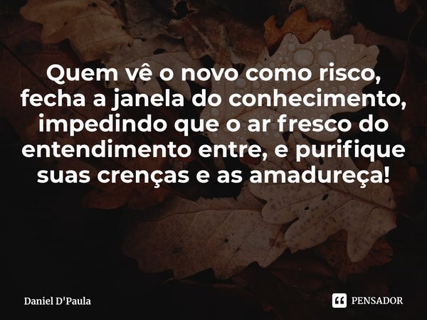 Quem vê o novo como risco, fecha a janela do conhecimento, impedindo que o ar fresco do entendimento entre, e purifique suas crenças e as amadureça!... Frase de Daniel D'Paula.