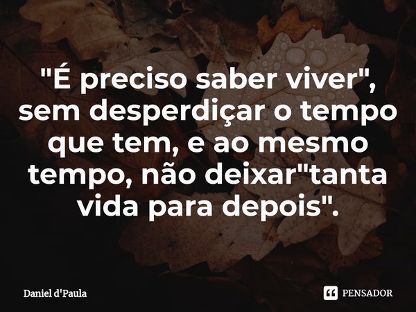 "É preciso saber viver", sem desperdiçar o tempo que tem, e ao mesmo tempo, não deixar "tanta vida para depois".... Frase de Daniel d'Paula.