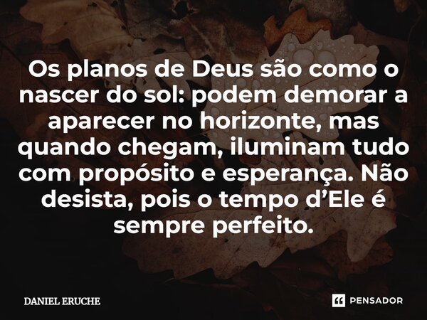 ⁠Os planos de Deus são como o nascer do sol: podem demorar a aparecer no horizonte, mas quando chegam, iluminam tudo com propósito e esperança. Não desista, poi... Frase de Daniel Eruche.