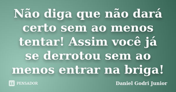 Não diga que não dará certo sem ao menos tentar! Assim você já se derrotou sem ao menos entrar na briga!... Frase de Daniel Godri Junior.