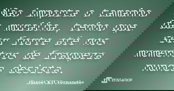 Não importa o tamanho da muralha, tenho que ser forte até nos momentos de fraqueza nunca desista.... Frase de Daniel KII Fernandes.
