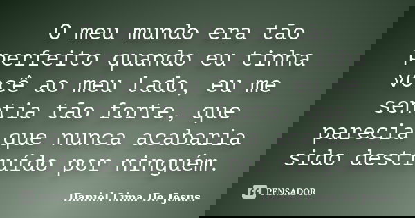 O meu mundo era tão perfeito quando eu tinha você ao meu lado, eu me sentia tão forte, que parecia que nunca acabaria sido destruído por ninguém.... Frase de Daniel Lima De Jesus.