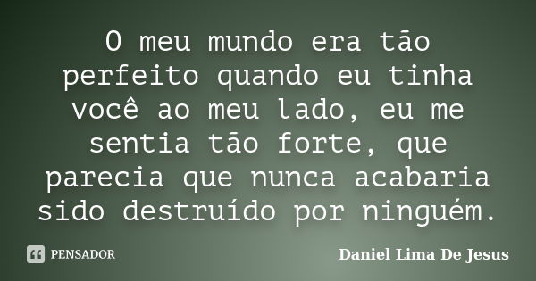 O meu mundo era tão perfeito quando eu tinha você ao meu lado, eu me sentia tão forte, que parecia que nunca acabaria sido destruído por ninguém.... Frase de Daniel Lima De Jesus.