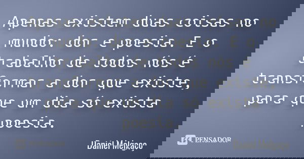 Apenas existem duas coisas no mundo: dor e poesia. E o trabalho de todos nós é transformar a dor que existe, para que um dia só exista poesia.... Frase de Daniel Melgaço.