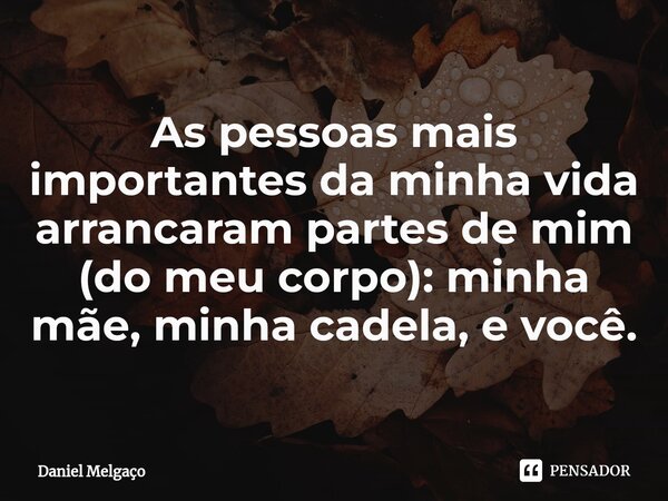 ⁠As pessoas mais importantes da minha vida arrancaram partes de mim (do meu corpo): minha mãe, minha cadela, e você.... Frase de Daniel Melgaço.