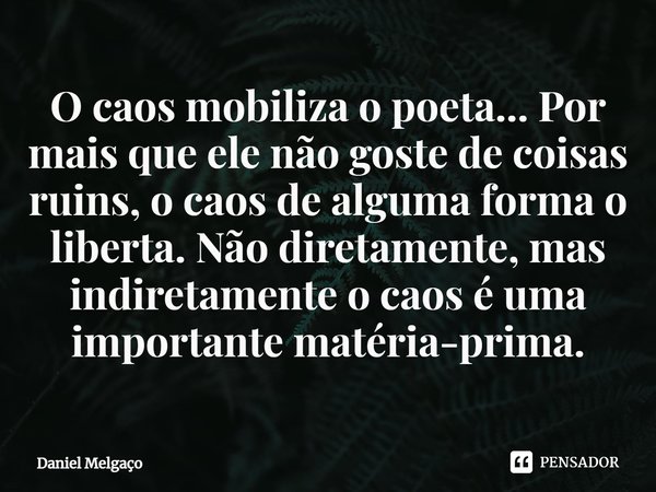 O caos mobiliza o poeta... Por mais que ele não goste de coisas ruins, o caos de alguma forma o liberta. Não diretamente, mas indiretamente o caos é uma importa... Frase de Daniel Melgaço.