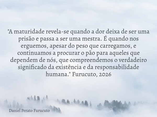 "A maturidade revela-se quando a dor deixa de ser uma prisão e passa a ser uma mestra. É quando nos erguemos, apesar do peso que carregamos, e continuamos ... Frase de Daniel Perato Furucuto.