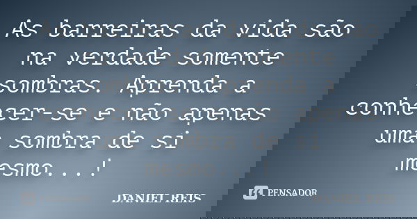 As barreiras da vida são na verdade somente sombras. Aprenda a conhecer-se e não apenas uma sombra de si mesmo...!... Frase de DANIEL REIS.