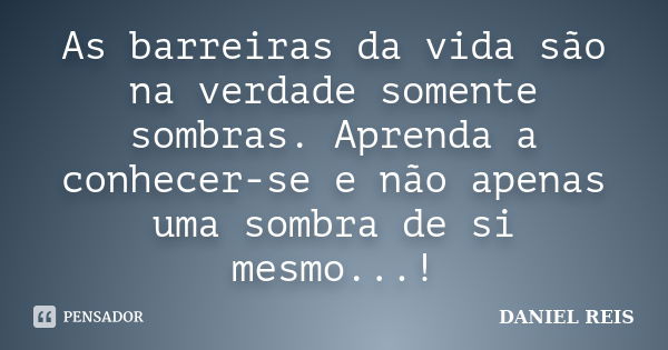 As barreiras da vida são na verdade somente sombras. Aprenda a conhecer-se e não apenas uma sombra de si mesmo...!... Frase de DANIEL REIS.