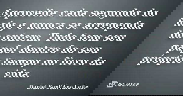 Aproveite cada segundo do hoje e nunca se arrependa do ontem. Tudo tem seu papel dentro do seu próprio tempo no livro da vida.... Frase de Daniel Sant Ana Leite.