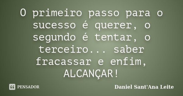 O primeiro passo para o sucesso é querer, o segundo é tentar, o terceiro... saber fracassar e enfim, ALCANÇAR!... Frase de Daniel Sant Ana Leite.