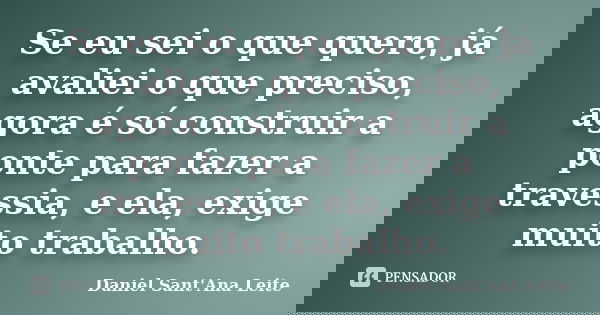 Se eu sei o que quero, já avaliei o que preciso, agora é só construir a ponte para fazer a travessia, e ela, exige muito trabalho.... Frase de Daniel Sant Ana Leite.