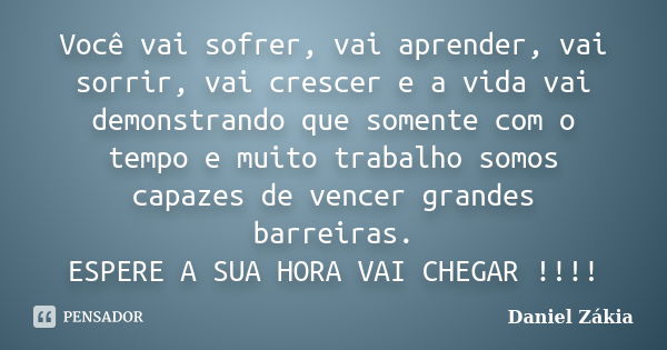 Você vai sofrer, vai aprender, vai sorrir, vai crescer e a vida vai demonstrando que somente com o tempo e muito trabalho somos capazes de vencer grandes barrei... Frase de Daniel Zakia.