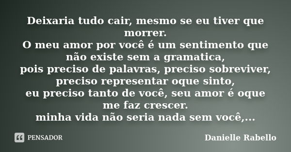 Deixaria tudo cair, mesmo se eu tiver que morrer. O meu amor por você é um sentimento que não existe sem a gramatica, pois preciso de palavras, preciso sobreviv... Frase de Danielle Rabello.