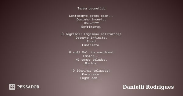 Terra prometida Lentamente gotas caem... Caminho incerto. Chuva??? Sofrimento. Ó lágrimas! Lágrimas solitárias! Deserto infinito. Fuga! Labirinto. Ó sal! Sal do... Frase de Danielli Rodrigues.