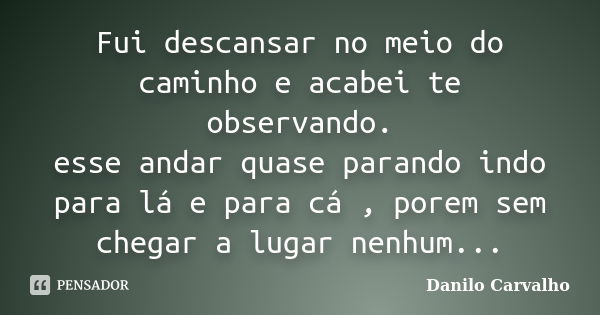 Fui descansar no meio do caminho e acabei te observando. esse andar quase parando indo para lá e para cá , porem sem chegar a lugar nenhum...... Frase de Danilo Carvalho.