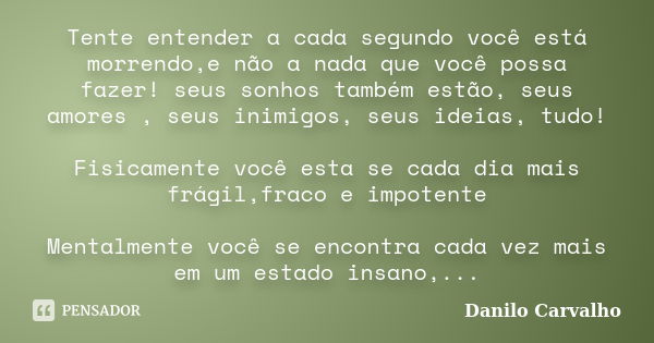 Tente entender a cada segundo você está morrendo,e não a nada que você possa fazer! seus sonhos também estão, seus amores , seus inimigos, seus ideias, tudo! Fi... Frase de Danilo Carvalho.