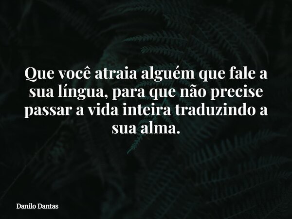 Que você atraia alguém que fale a sua língua, para que não precise passar a vida inteira traduzindo a sua alma.... Frase de Danilo Dantas.