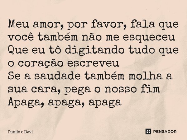 ⁠Meu amor, por favor, fala que você também não me esqueceu Que eu tô digitando tudo que o coração escreveu Se a saudade também molha a sua cara, pega o nosso fi... Frase de Danilo e Davi.