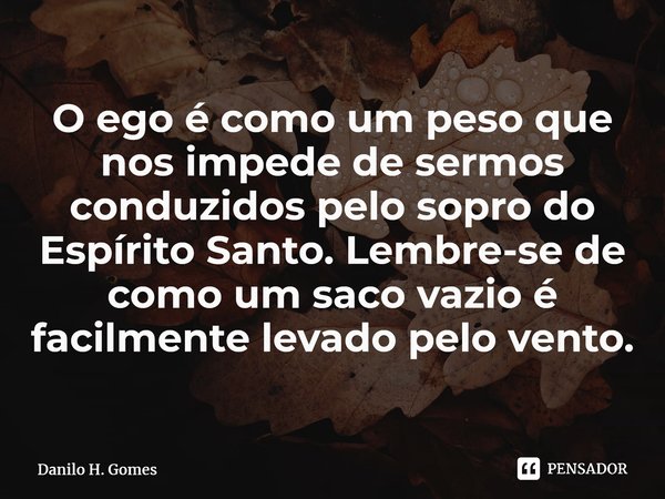 ⁠O ego é como um peso que nos impede de sermos conduzidos pelo sopro do Espírito Santo. Lembre-se de como um saco vazio é facilmente levado pelo vento.... Frase de Danilo H. Gomes.