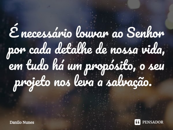 É necessário louvar ao Senhor por cada detalhe de nossa vida, em tudo há um propósito, o seu projeto nos leva a salvação. ⁠... Frase de Danilo Nunes.