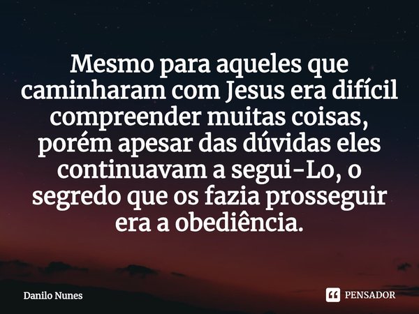 ⁠Mesmo para aqueles que caminharam com Jesus era difícil compreender muitas coisas, porém apesar das dúvidas eles continuavam a segui-Lo, o segredo que os fazia... Frase de Danilo Nunes.