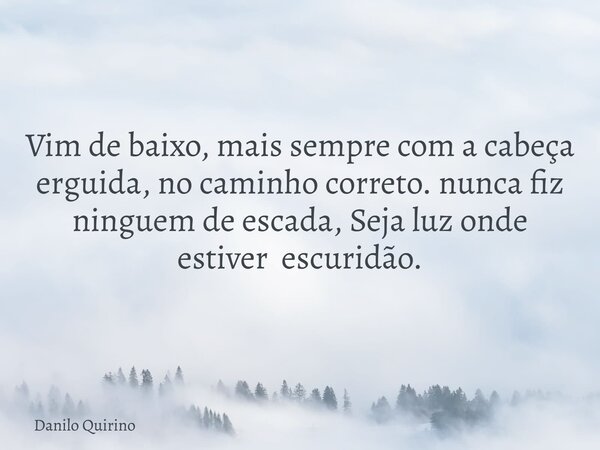 Vim de baixo, mais sempre com a cabeça erguida, no caminho correto. nunca fiz ninguem de escada, Seja luz onde estiver escuridão.... Frase de Danilo Quirino.
