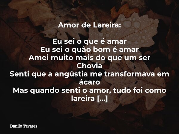 Amor de Lareira: Eu sei o que é amar Eu sei o quão bom é amar Amei muito mais do que um ser Chovia Senti que a angústia me transformava em ácaro Mas quando sent... Frase de Danilo Tavares.