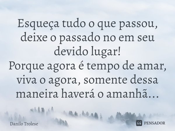 Esqueça tudo o que passou, deixe o passado no em seu devido lugar!
Porque agora é tempo de amar, viva o agora, somente dessa maneira haverá o amanhã...... Frase de Danilo Trolese.
