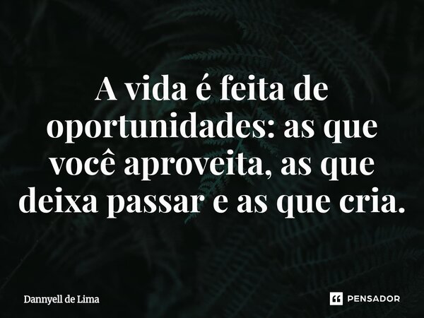 ⁠A vida é feita de oportunidades: as que você aproveita, as que deixa passar e as que cria.... Frase de Dannyell de Lima.