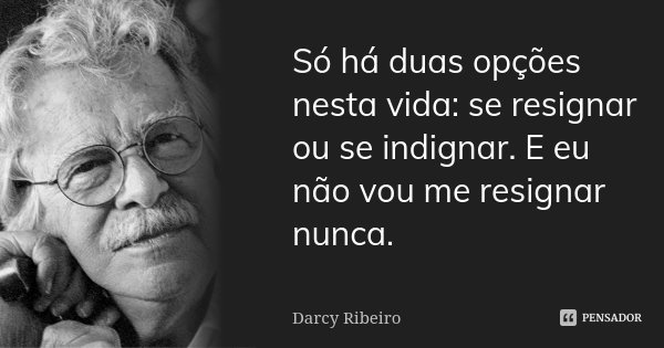 Só há duas opções nesta vida: se resignar ou se indignar. E eu não vou me resignar nunca.... Frase de Darcy Ribeiro.