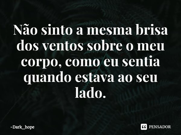 ⁠Não sinto a mesma brisa dos ventos sobre o meu corpo, como eu sentia quando estava ao seu lado.... Frase de Dark_hope.