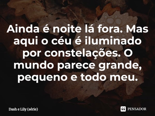 ⁠Ainda é noite lá fora. Mas aqui o céu é iluminado por constelações. O mundo parece grande, pequeno e todo meu.... Frase de Dash e Lily (série).