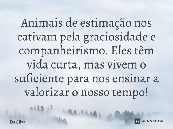 Animais de estimação nos cativam pela graciosidade e companheirismo. Eles têm vida curta, mas vivem o suficiente para nos ensinar a valorizar o nosso tempo!... Frase de Da Silva.