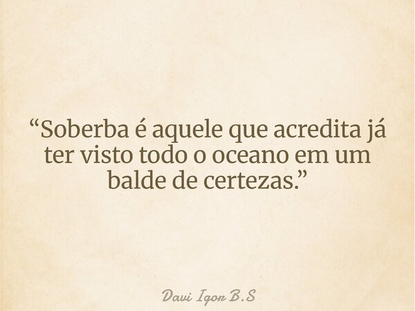 “Soberba é aquele que acredita já ter visto todo o oceano em um balde de certezas.”... Frase de Davi Igor B.S.