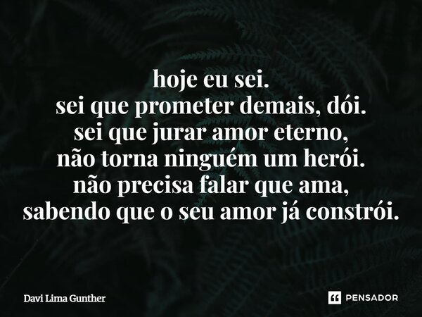 ⁠hoje eu sei. sei que prometer demais, dói. sei que jurar amor eterno, não torna ninguém um herói. não precisa falar que ama, sabendo que o seu amor já constrói... Frase de Davi Lima Gunther.