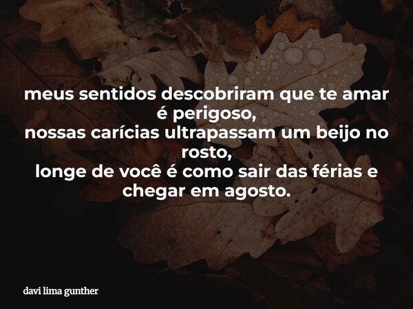 meus sentidos descobriram que te amar é perigoso, nossas carícias ultrapassam um beijo no rosto, longe de você é como sair das férias e chegar em agosto.... Frase de davi lima gunther.