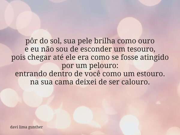 pôr do sol, sua pele brilha como ouro e eu não sou de esconder um tesouro, pois chegar até ele era como se fosse atingido por um pelouro: entrando dentro de voc... Frase de davi lima gunther.