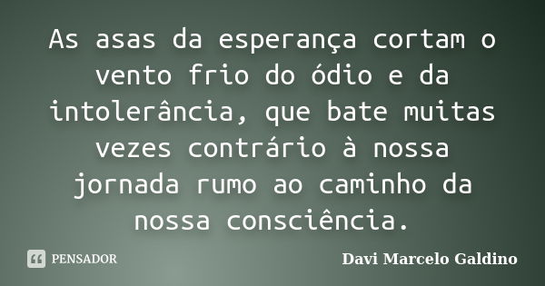 As asas da esperança cortam o vento frio do ódio e da intolerância, que bate muitas vezes contrário à nossa jornada rumo ao caminho da nossa consciência.... Frase de Davi Marcelo Galdino.