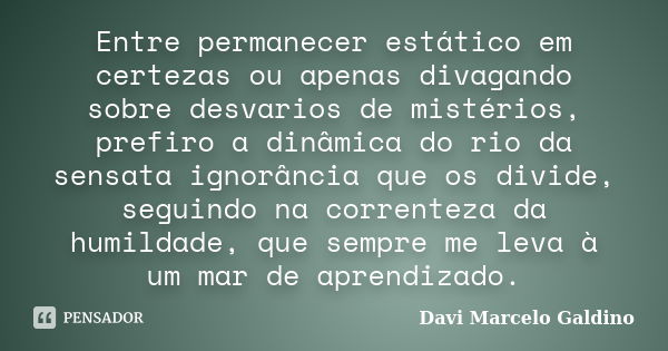 Entre permanecer estático em certezas ou apenas divagando sobre desvarios de mistérios, prefiro a dinâmica do rio da sensata ignorância que os divide, seguindo ... Frase de Davi Marcelo Galdino.