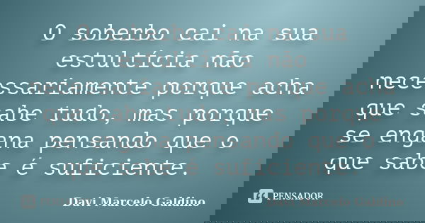 O soberbo cai na sua estultícia não necessariamente porque acha que sabe tudo, mas porque se engana pensando que o que sabe é suficiente.... Frase de Davi Marcelo Galdino.