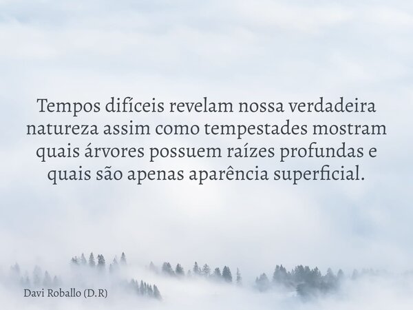 Tempos difíceis revelam nossa verdadeira natureza assim como tempestades mostram quais árvores possuem raízes profundas e quais são apenas aparência superficial... Frase de Davi Roballo (D.R).