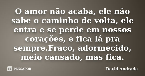 O amor não acaba, ele não sabe o caminho de volta, ele entra e se perde em nossos corações, e fica lá pra sempre.Fraco, adormecido, meio cansado, mas fica.... Frase de David Andrade.