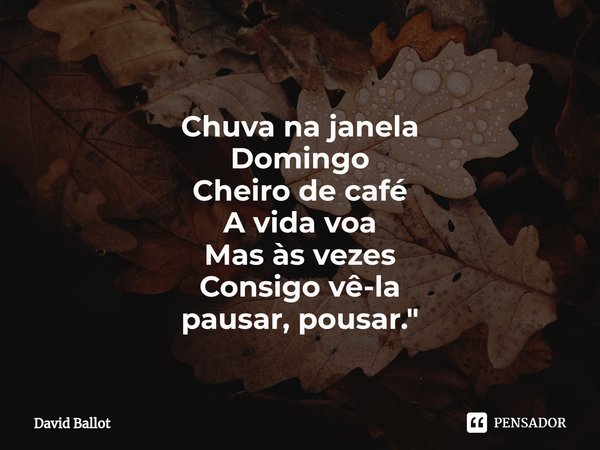 ⁠Chuva na janela
Domingo
Cheiro de café A vida voa
Mas às vezes
Consigo vê-la
pausar, pousar."... Frase de David Ballot.