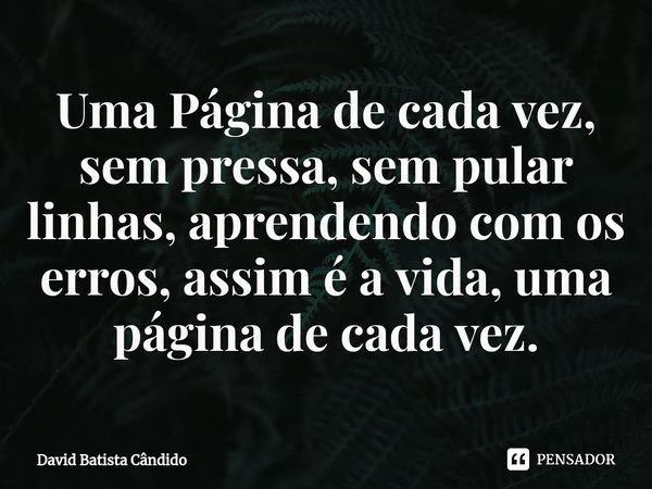 Uma Página de cada vez, sem pressa, sem pular linhas, aprendendo com os erros, assim é a vida, uma página de cada vez.⁠... Frase de David Batista Cândido.