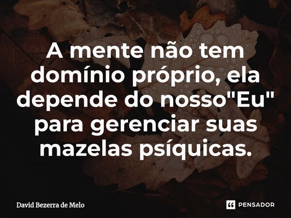 ⁠A mente não tem domínio próprio, ela depende do nosso "Eu" para gerenciar suas mazelas psíquicas.... Frase de David Bezerra de Melo.