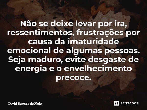 " Não se deixe levar por ira, ressentimentos, frustrações por causa da imaturidade emocional de algumas pessoas, seja maduro evite desgaste de energia e o ... Frase de David Bezerra de Melo.