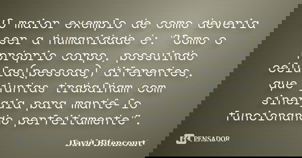 O maior exemplo de como deveria ser a humanidade é: "Como o próprio corpo, possuindo células(pessoas) diferentes, que juntas trabalham com sinergia para ma... Frase de David Bitencourt.