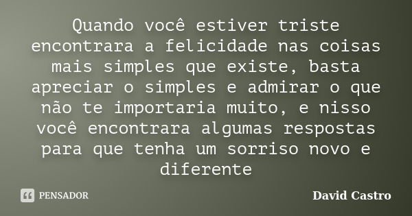 Quando você estiver triste encontrara a felicidade nas coisas mais simples que existe, basta apreciar o simples e admirar o que não te importaria muito, e nisso... Frase de David Castro.